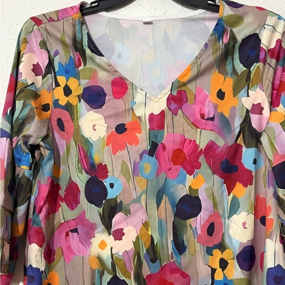 Women's Floral Multicolor V Neck Tiered Bell Sleeves Tunic Dress Sz Large - Picture 3 of 6